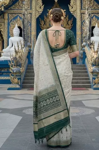 Green ready to wear jacquard silk  saree and ready to wear jacquard silk  blouse with cup