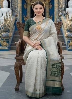 Green ready to wear jacquard silk  saree and ready to wear jacquard silk  blouse with cup 4