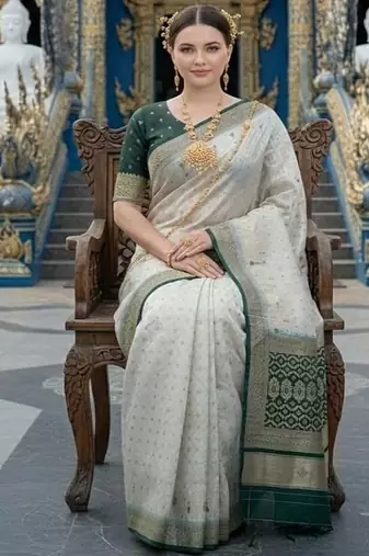 Green ready to wear jacquard silk  saree and ready to wear jacquard silk  blouse with cup