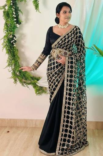 Black Color Real Mirror Work Lace Satin Silk Saree