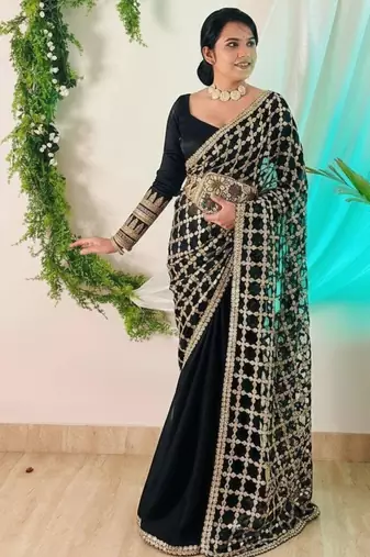 Black Color Real Mirror Work Lace Satin Silk Saree