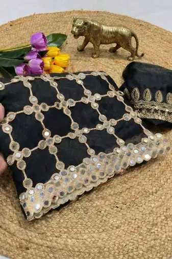 Black Color Real Mirror Work Lace Satin art silk saree