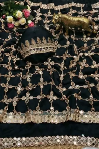 Black Color Real Mirror Work Lace Satin art silk saree