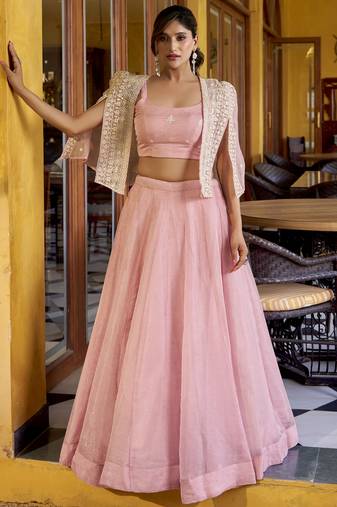 Stylish Pink Crushed Party Wear Crop Top Lehenga With Embroidered Koti