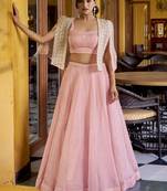 Stylish Pink Crushed Party Wear Crop Top Lehenga With Embroidered Koti