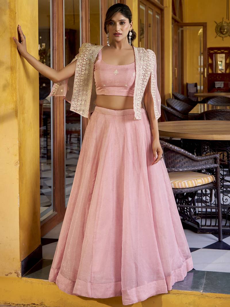 Stylish Pink Crushed Party Wear Crop Top Lehenga With Embroidered Koti
