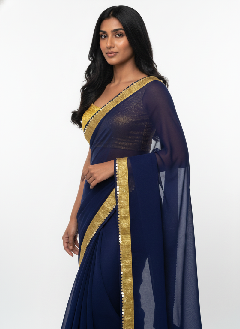 Navy blue sequenced lace georgette saree with blouse piece.