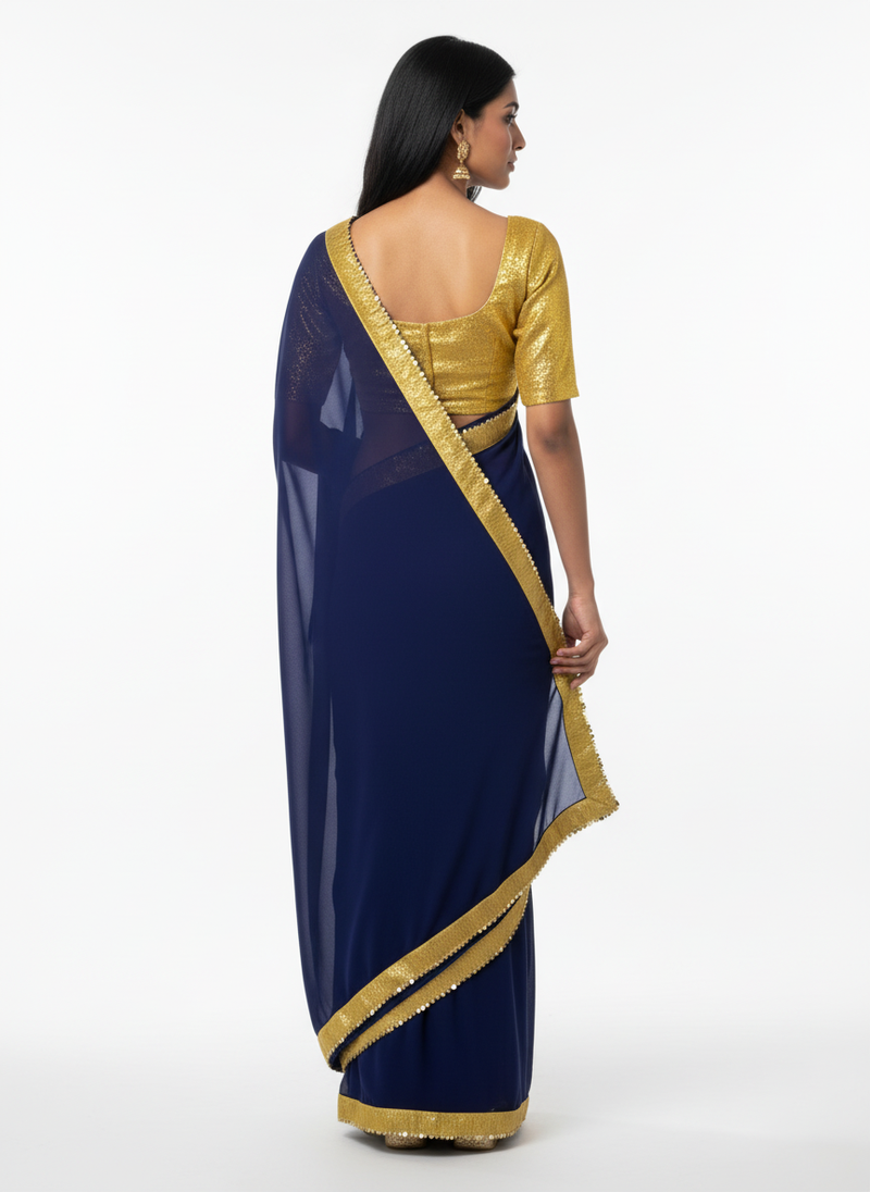 Navy blue sequenced lace georgette saree with blouse piece.