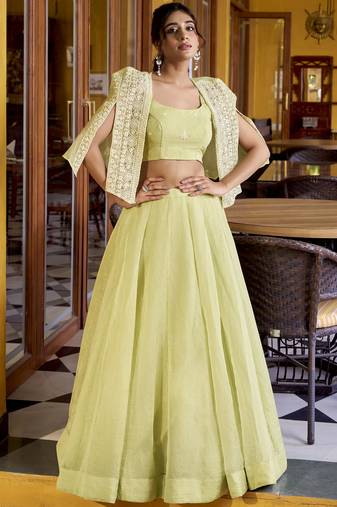 Awesome Pista Green Crushed Designer Crop Top Lehenga With Thread Work Koti