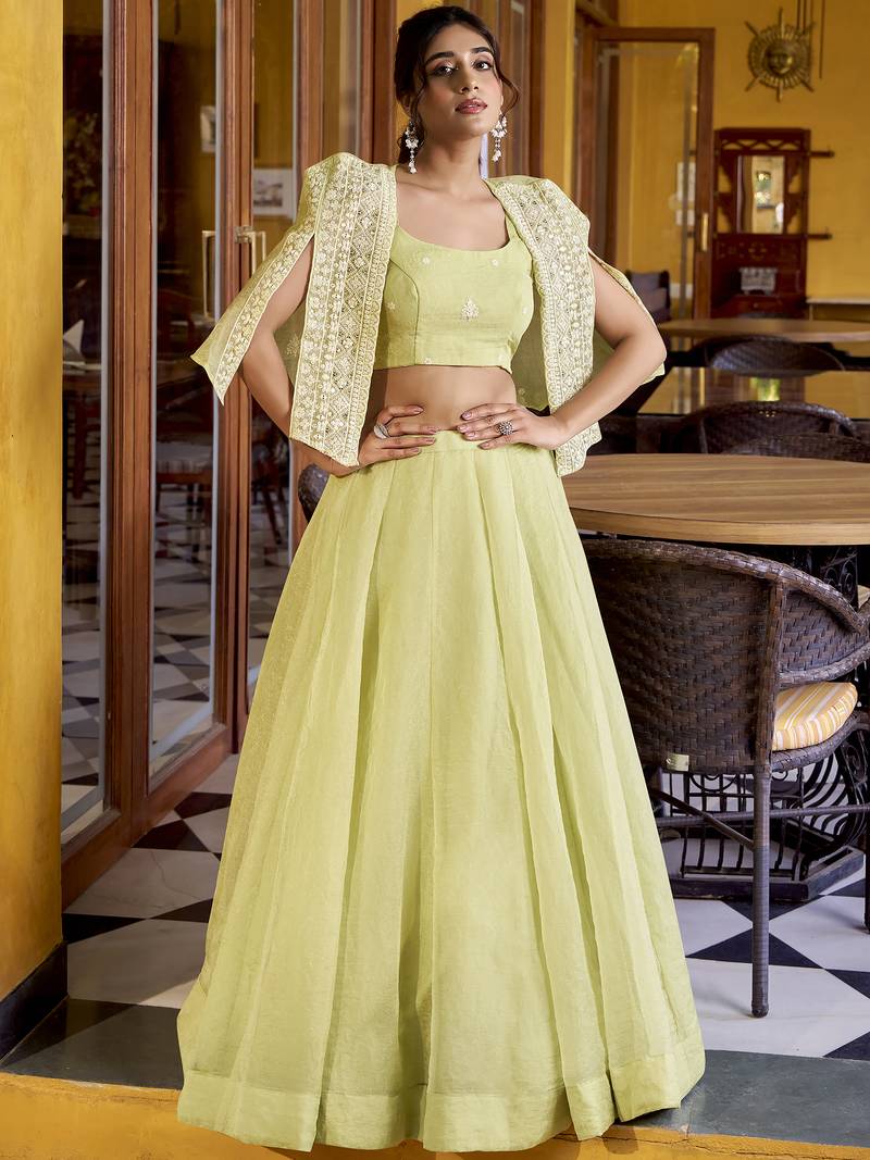 Awesome Pista Green Crushed Designer Crop Top Lehenga With Thread Work Koti