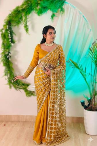Yellow Color Real Mirror Work Lace Satin Silk Saree