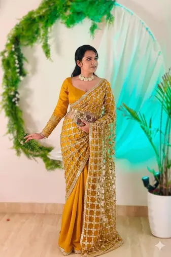 Yellow Color Real Mirror Work Lace Satin Silk Saree