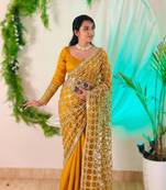 Yellow Color Real Mirror Work Lace Satin Silk Saree