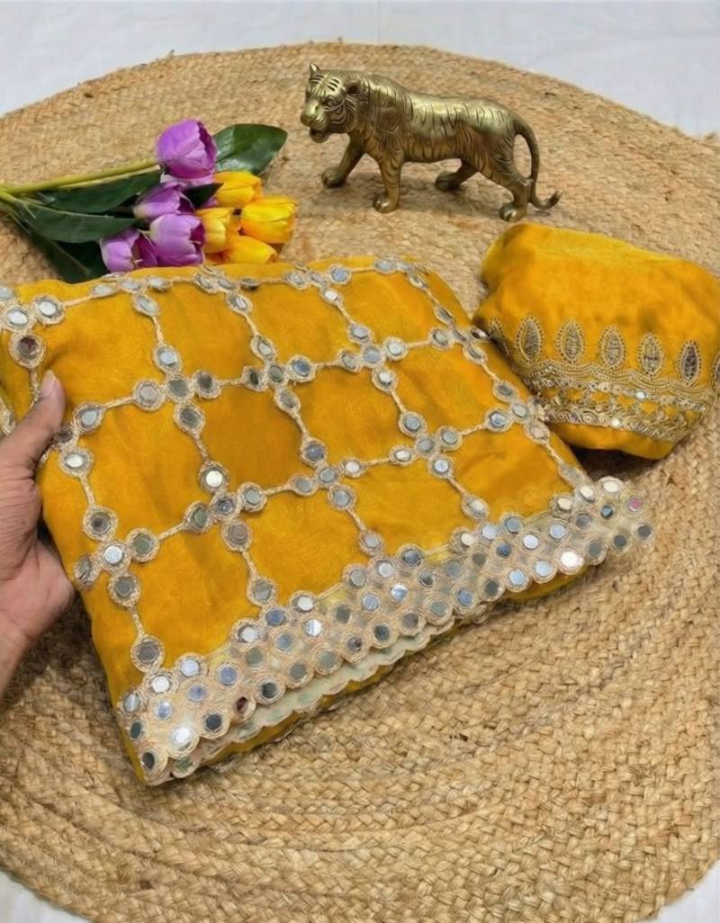 Yellow Color Real Mirror Work Lace Satin Silk Saree