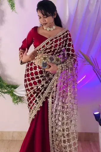 Maroon Color Real Mirror Work Lace Satin Silk Saree