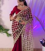 Maroon Color Real Mirror Work Lace Satin Silk Saree