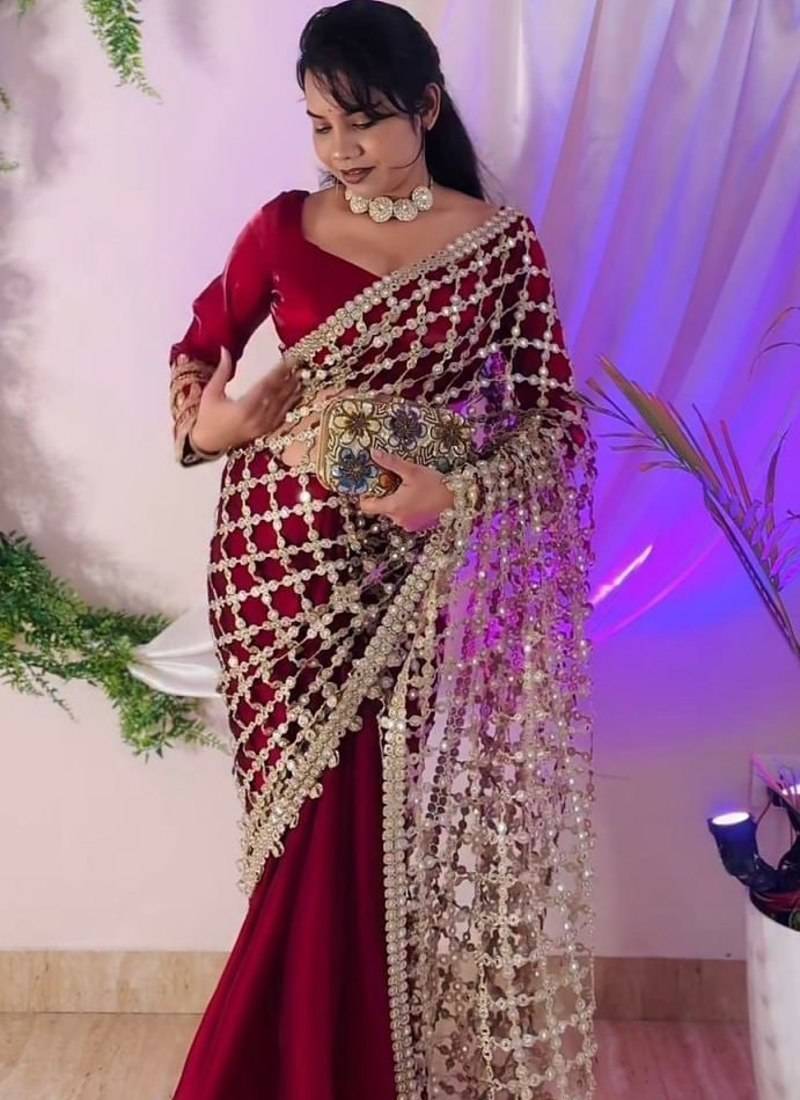 Maroon Color Real Mirror Work Lace Satin Silk Saree