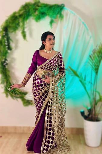 Plum Color Real Mirror Work Lace Satin Silk Saree