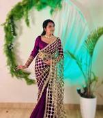 Purple Color Real Mirror Work Lace Satin Silk Saree