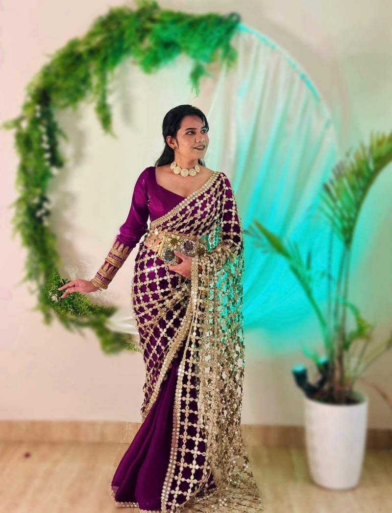 Purple Color Real Mirror Work Lace Satin Silk Saree