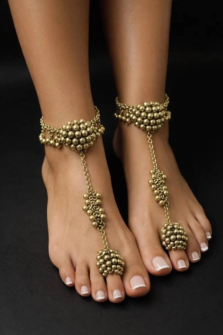 Oxidized gold barefoot sandals anklet with toe ring 