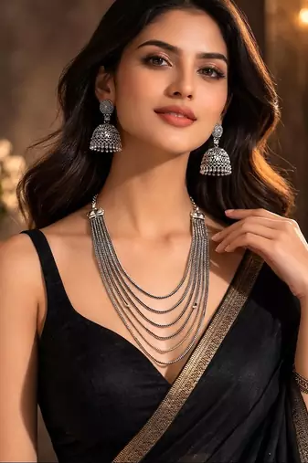 Oxidized silver layered chain necklace set