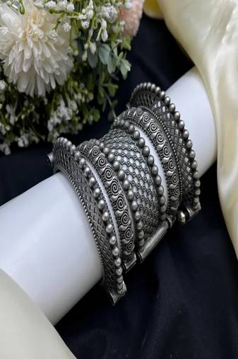 Oxidized silver tribal cuff bracelet for women 