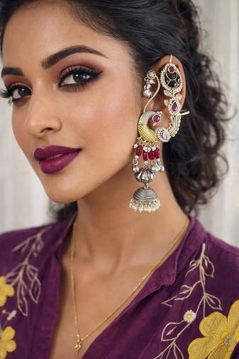 Oxidised kashmiri peacock jhumka earcuff earrings