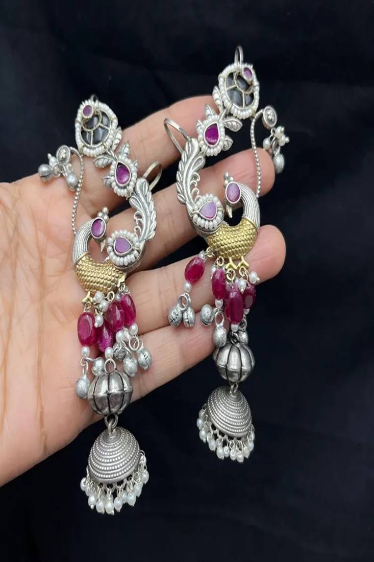 Oxidised kashmiri peacock jhumka earcuff earrings