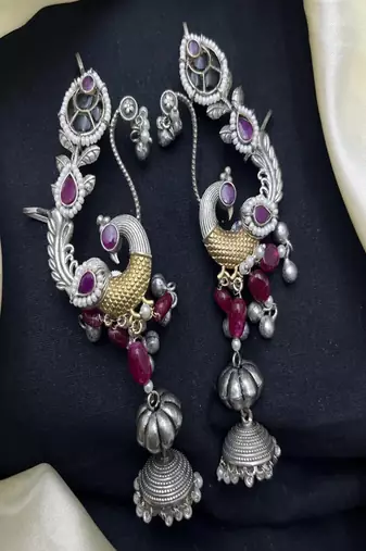 Oxidised kashmiri peacock jhumka earcuff earrings