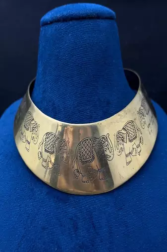 Elephant engraved brass hasli necklace