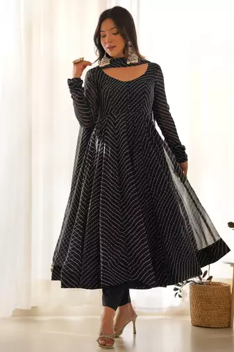 Black elegant anarkali set in heavy pure fox georgette with laheriya print & fancy neck potli button