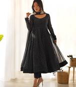 Black elegant anarkali set in heavy pure fox georgette with laheriya print & fancy neck potli button