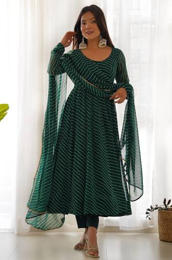Green elegant anarkali set in heavy pure fox georgette with laheriya print & fancy neck potli button