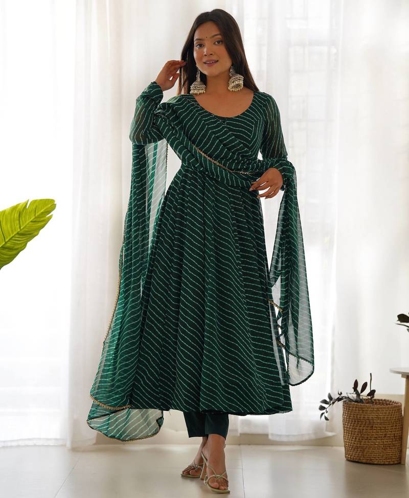 Green elegant anarkali set in heavy pure fox georgette with laheriya print & fancy neck potli button