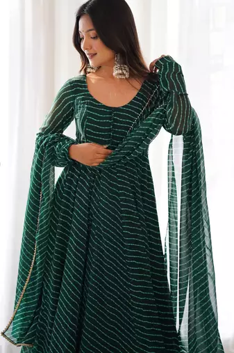 Green elegant anarkali set in heavy pure fox georgette with laheriya print & fancy neck potli button