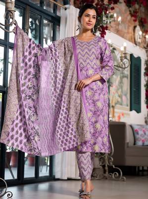 Women's lavendar floral print pure cotton straight fit kurta set with bottom and dupatta (3-piece set) 1