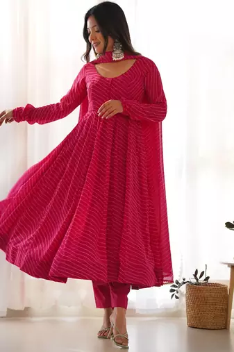 Pink elegant anarkali set in heavy pure fox georgette with laheriya print & fancy neck potli button