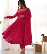 Pink elegant anarkali set in heavy pure fox georgette with laheriya print & fancy neck potli button