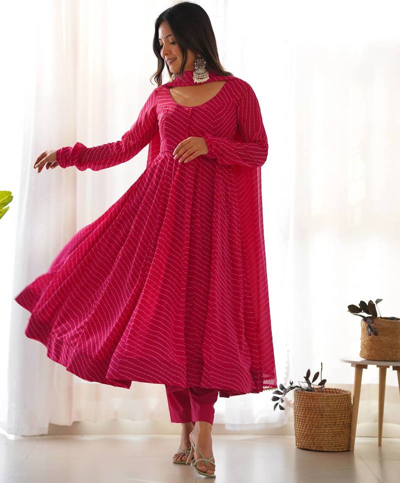Pink elegant anarkali set in heavy pure fox georgette with laheriya print & fancy neck potli button