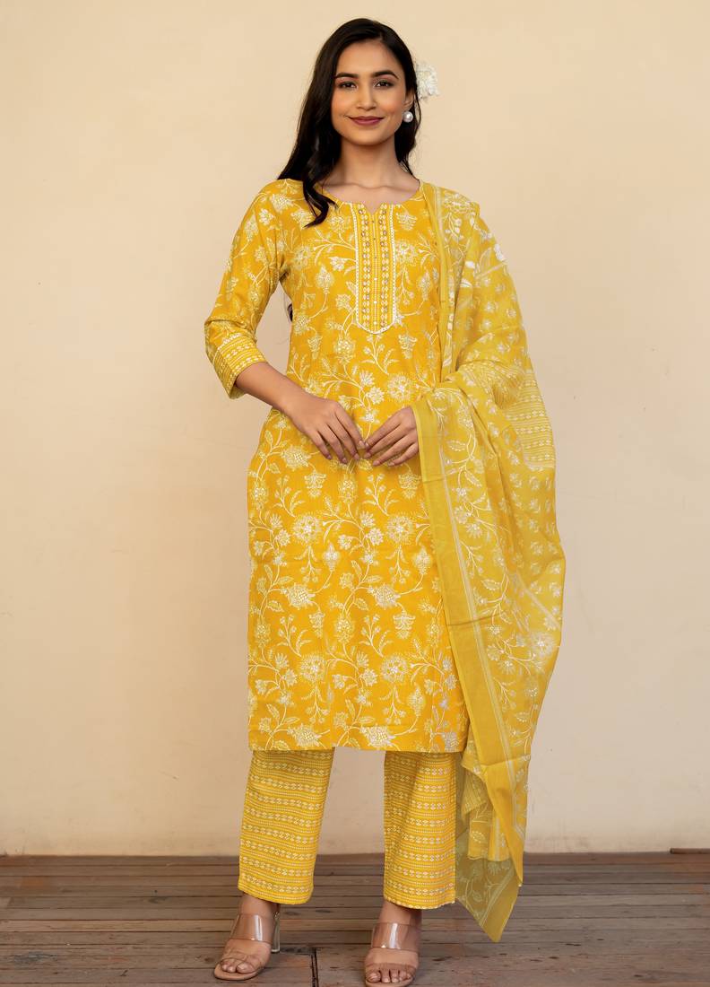 Women's mustard floral print pure cotton straight fit kurta set with bottom and dupatta (3-piece set)