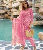 Women's pink & white floral print pure cotton straight fit kurta set with bottom and dupatta (3-piece set)