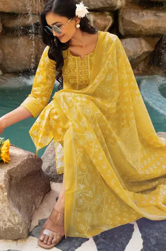 Women's mustard floral print pure cotton straight fit kurta set with bottom and dupatta (3-piece set)