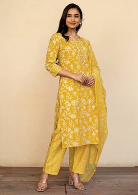 Women's mustard floral print pure cotton straight fit kurta set with bottom and dupatta (3-piece set) 3
