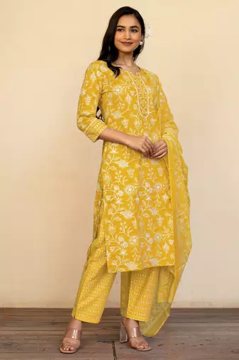 Women's mustard floral print pure cotton straight fit kurta set with bottom and dupatta (3-piece set)