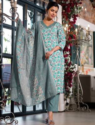 Women's white & teal floral print pure cotton straight fit kurta set with bottom and dupatta (3-piece set) 1