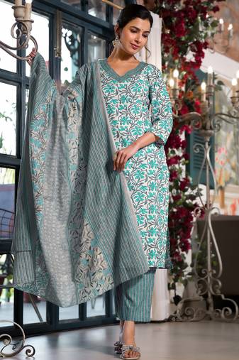 Women's white & teal floral print pure cotton straight fit kurta set with bottom and dupatta (3-piece set)