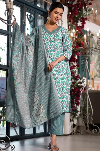 Women's white & teal floral print pure cotton straight fit kurta set with bottom and dupatta (3-piece set)