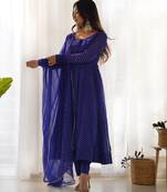 Royal blue elegant anarkali set in heavy pure fox georgette with laheriya print & fancy neck potli button