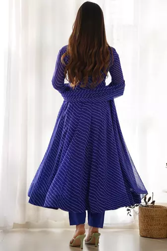 Royal blue elegant anarkali set in heavy pure fox georgette with laheriya print & fancy neck potli button